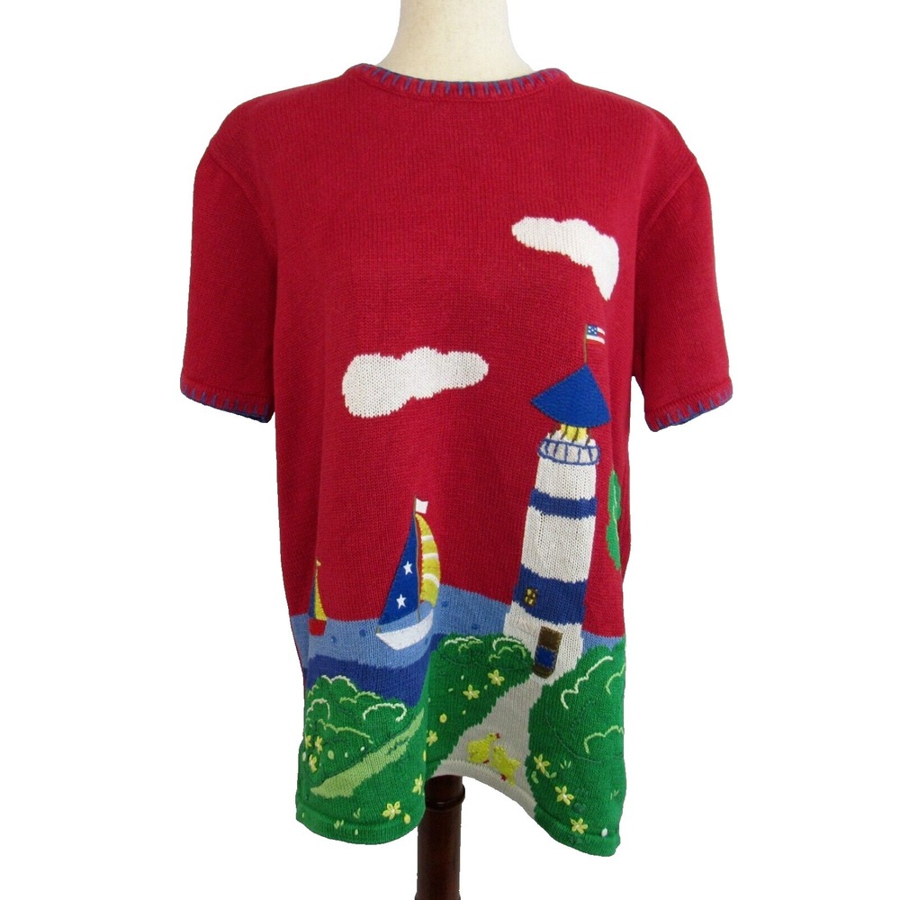 VTG Quacker Factory Sweater Nautical Lighthouse Ducks Grandma Teacher Core SZ L